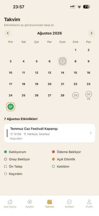 Mabeyn uygulaması takvim ekranı